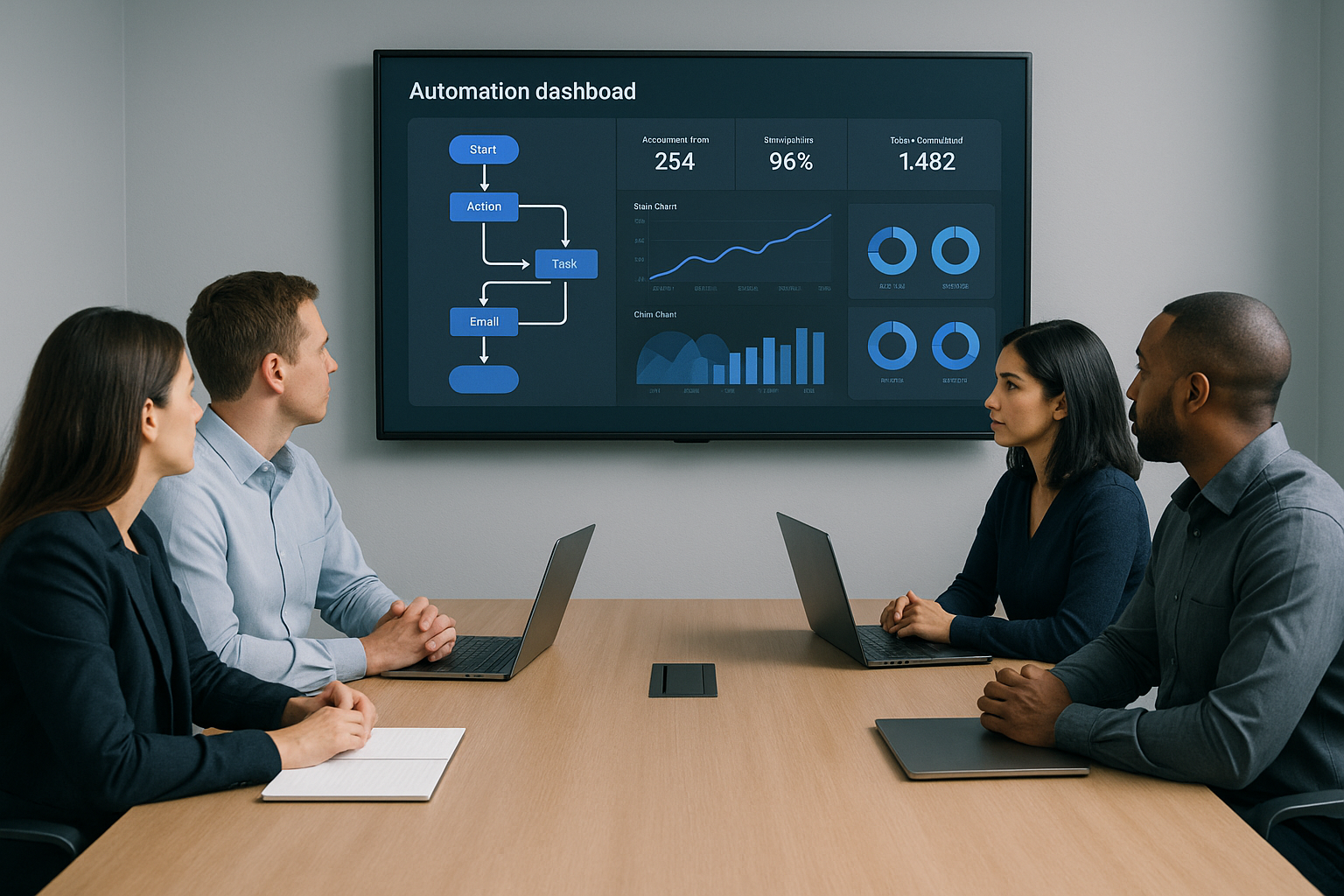 Equipo de operaciones en una sala de reuniones minimalista revisando un dashboard de automatización con gráficos y flujos.