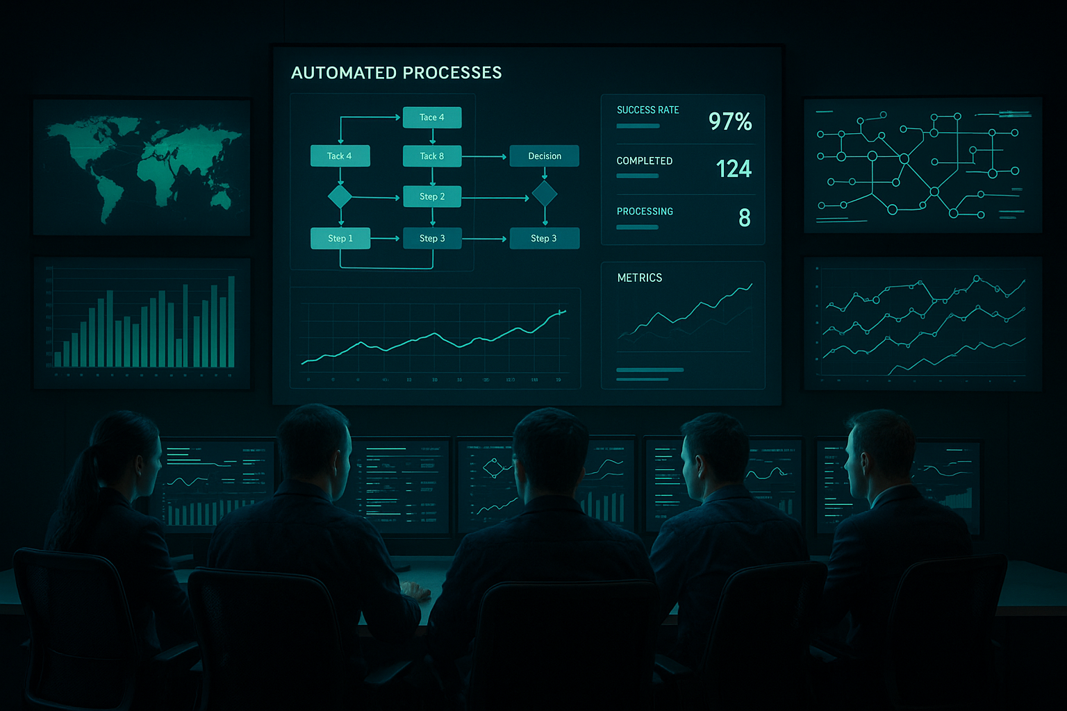 Sala de monitorización con múltiples pantallas mostrando métricas en tiempo real de procesos automatizados.