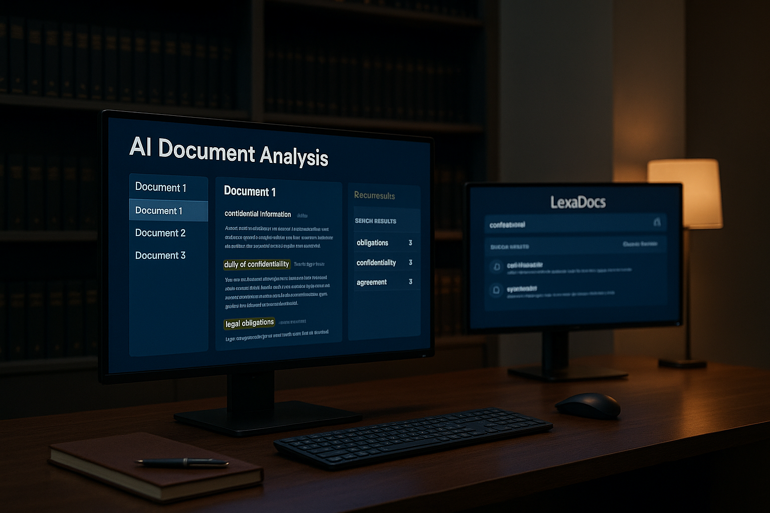 Despacho legal de LexaDocs con pantallas mostrando un sistema de IA documental buscando entre expedientes.