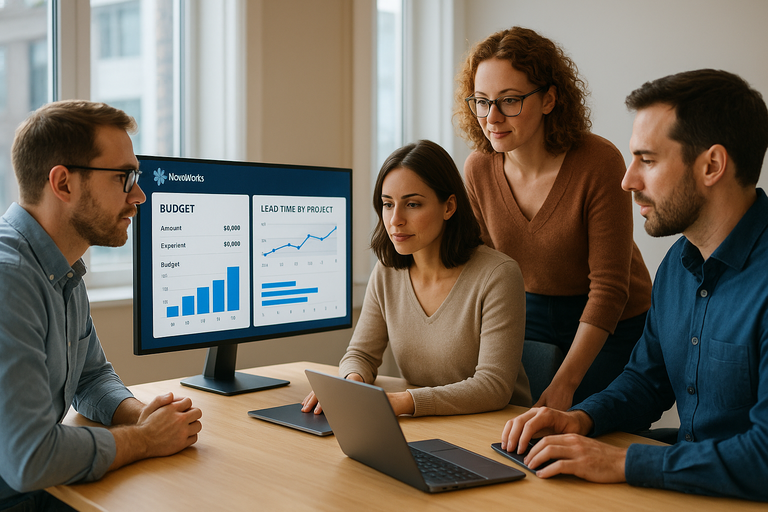 Equipo de NovaWorks Studio revisando presupuestos en varias pantallas panorámicas en una oficina luminosa.