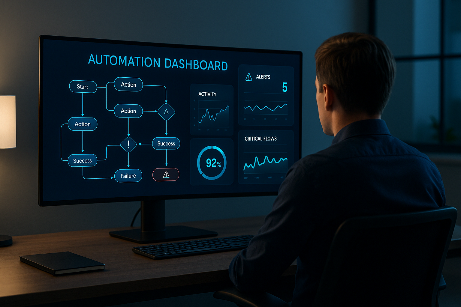 Persona frente a un gran monitor controlando un dashboard de automatización con gráficos y alertas.